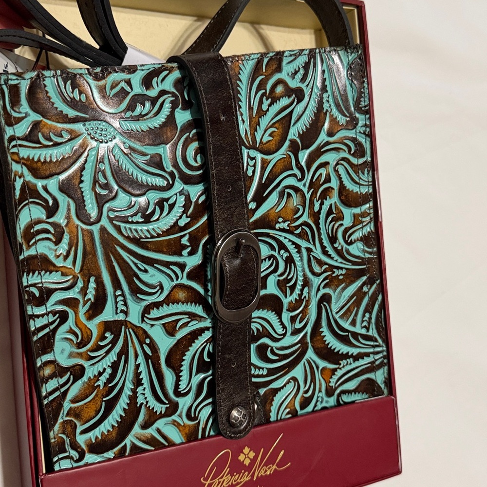Patricia Nash Venezia Crossbody Bag Turquoise Tooled Leather Gift box NIB - Picture 2 of 9